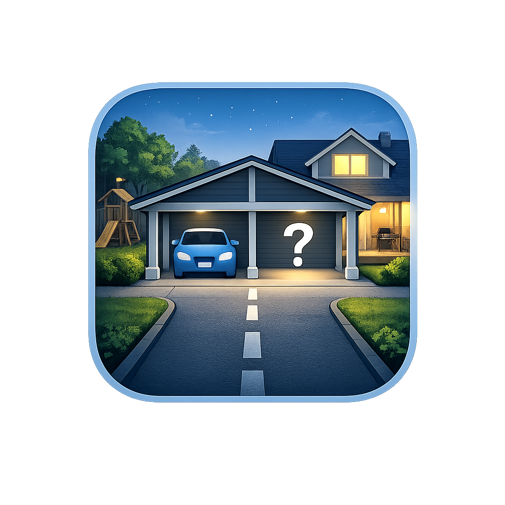 Illustration of a home with a single car in the garage and an empty second space marked with a question mark